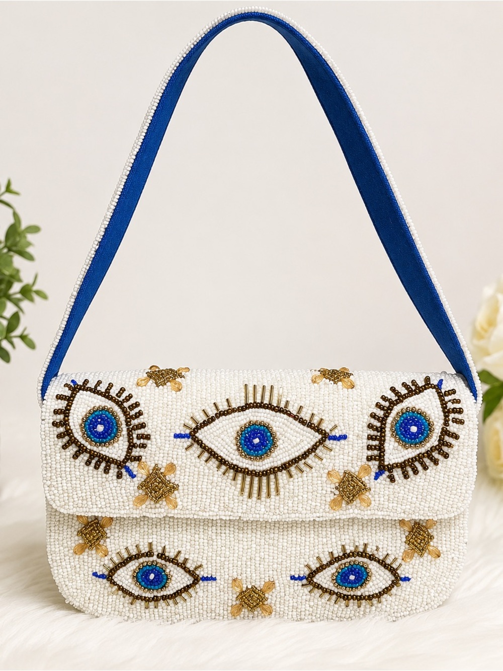 NWT Embroidered Beaded Eye-Pattern Shoulder Bag in White and Blue